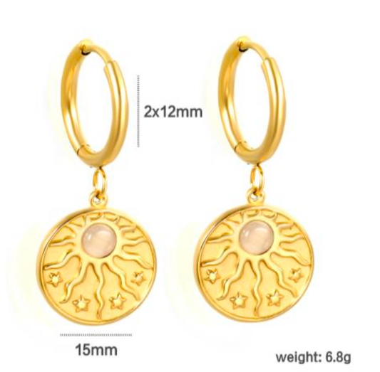 Gold hoop earrings with circular charms on a white background with measurements