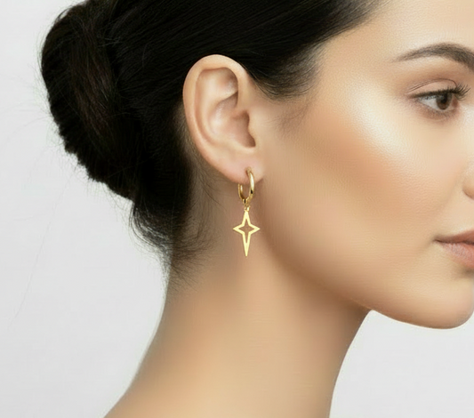 womans side profile wearing the Star Drop Huggie Earrings in gold with dark hair tied back and white background