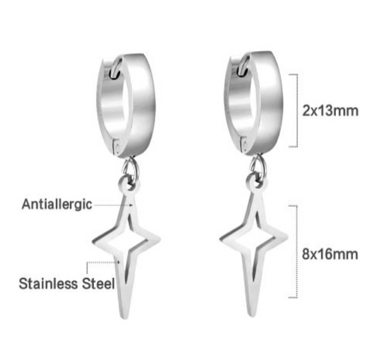 Silver Star_Drop_Huggie_Earrings earrings with star-shaped pendants on a white background and measurements