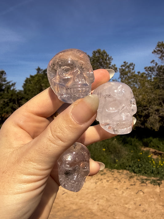 Hand holding clear quartz crystal skull-shaped carvings against a natural background