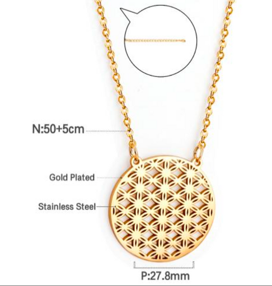 flower of life gold necklace on white back ground and measurements