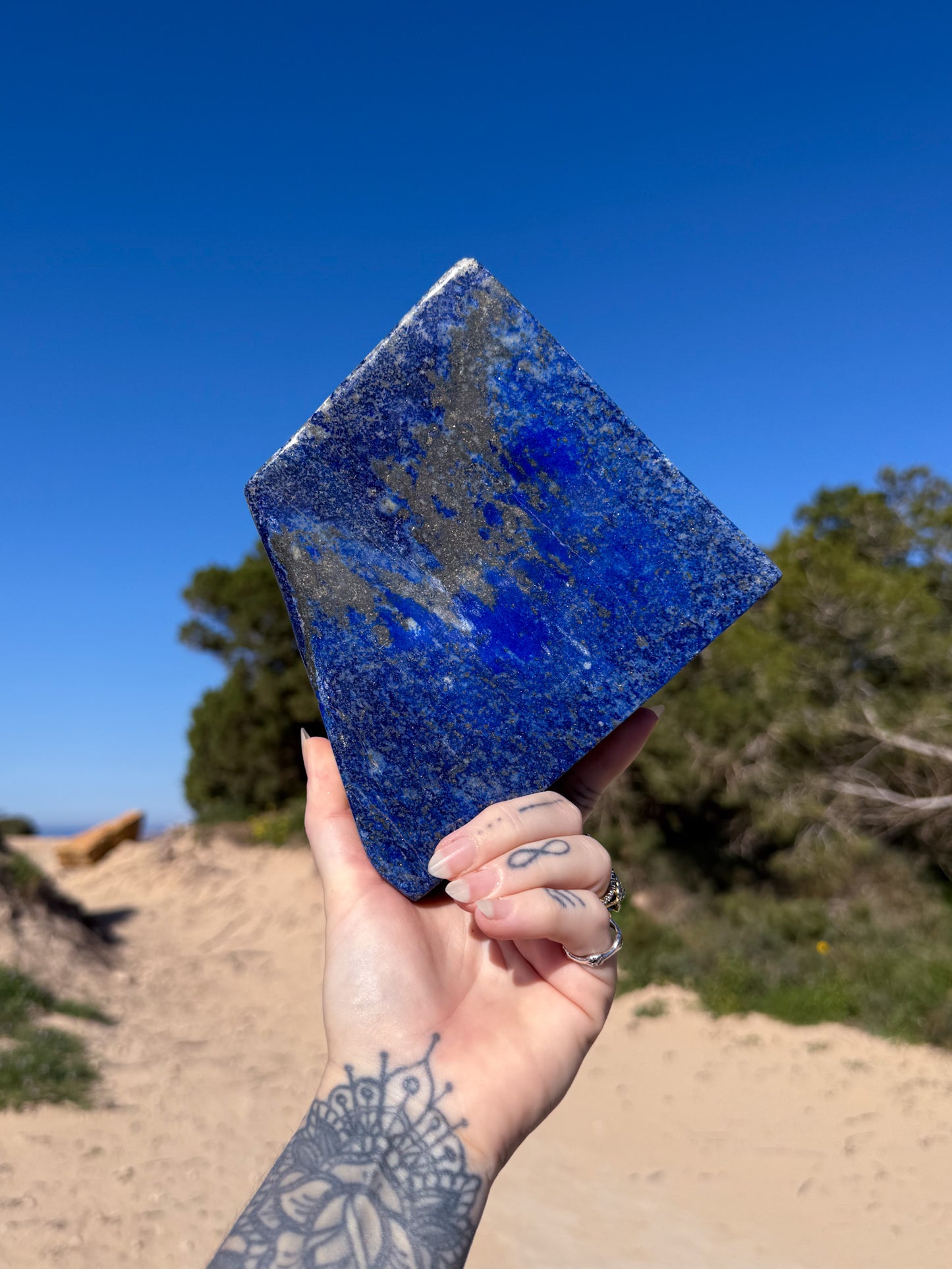 Hand holding a polished deep blue lapis lazuli freeform stone with natural white and gold veining against a bright blue sky and sandy coastal landscape background.