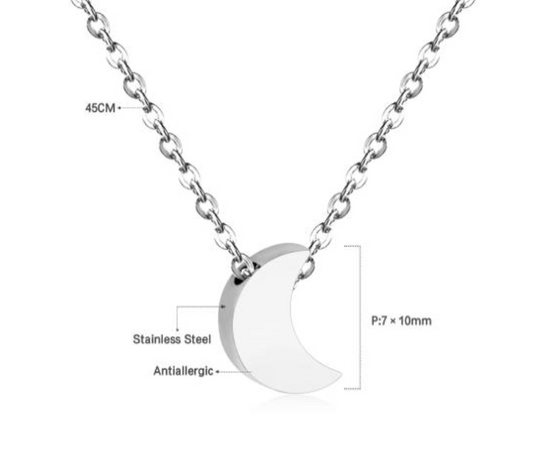 Silver necklace with a crescent moon pendant on a white background with measurements