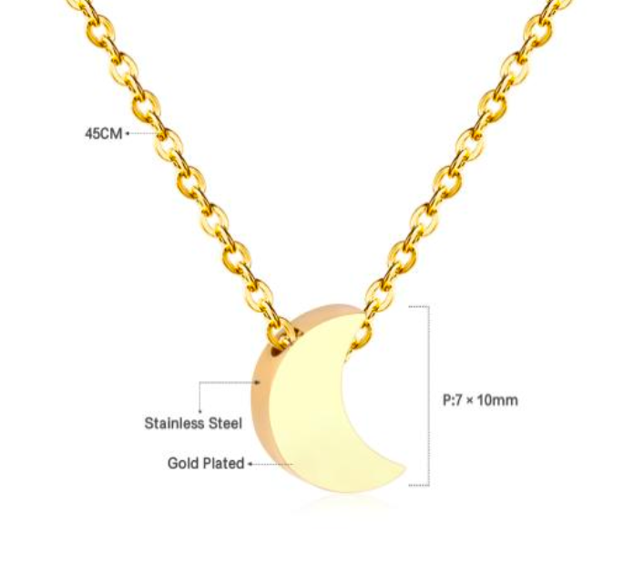 gold necklace with a crescent moon pendant on a white background with measurements