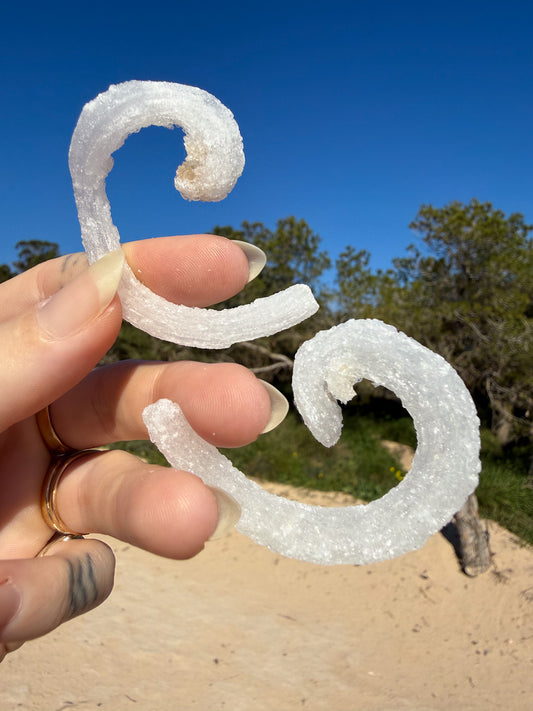 Two hands holding matching white sparkly raw rams horm selenite crystal against a bright blue sky with sandy ground and green trees in the background.