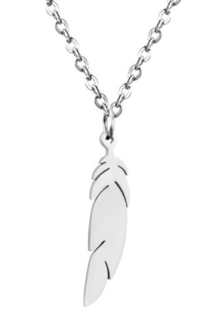 Silver feather pendant necklace on a white background