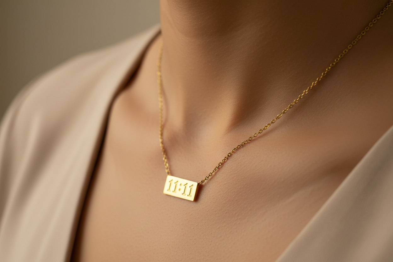 womans neckline wearing the 11:11 Angels Necklace in gold and a cream v neck tshirt on a plain background
