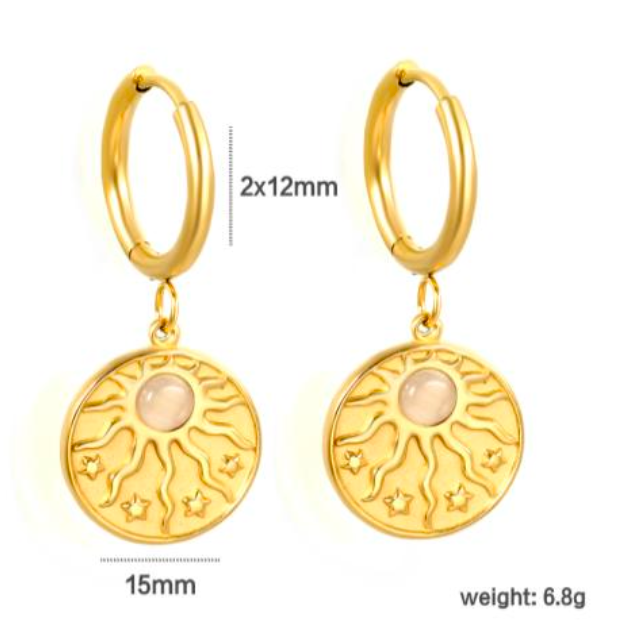 Gold hoop earrings with circular charms on a white background with measurements