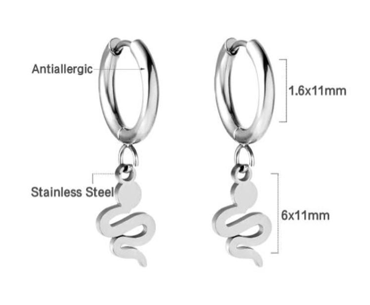 Silver hoop earrings with snake charms and measurement details on a white background