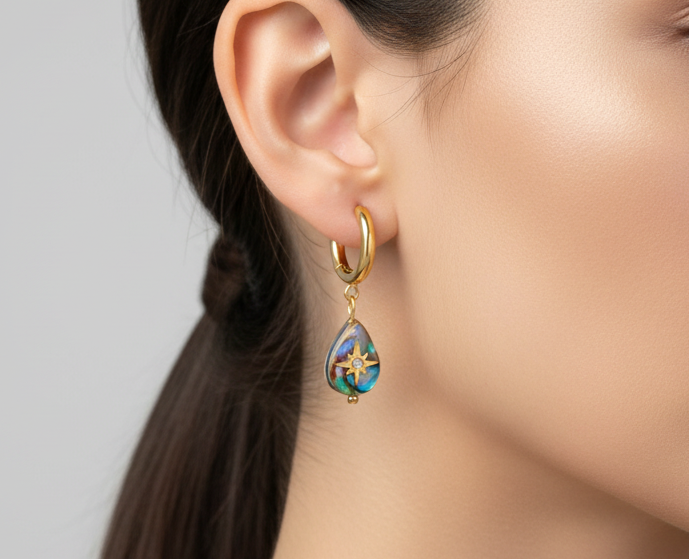 womand side profile with Mother of pearl Teardrop Star earrings on white background