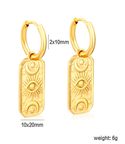 Moons and Eye long plaque huggie earrings . Hypoallergenic, waterproof, 18K gold plated