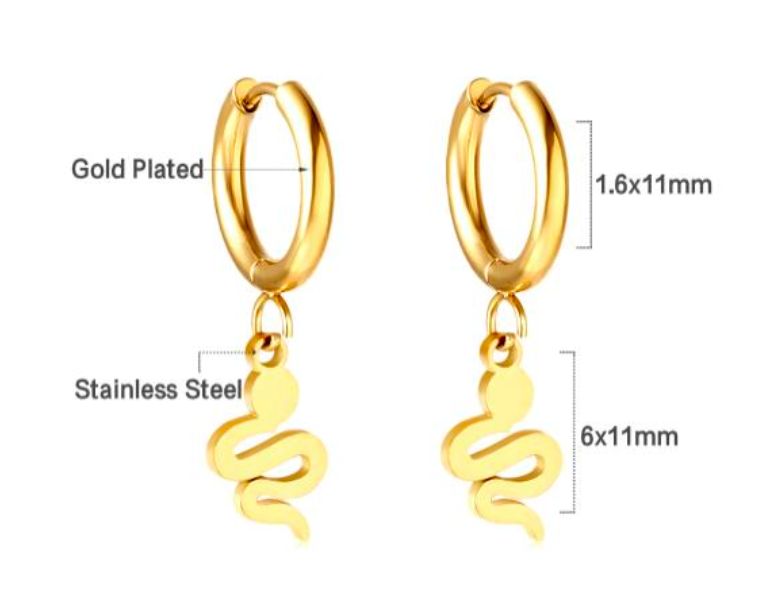 Mini Snake Drop huggie earrings . Hypoallergenic, waterproof, gold or silver