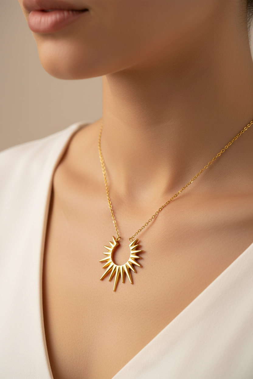 womans neckline wearing the gold sun rays eclipse necklace with a whiote v neck tshirt and plain background