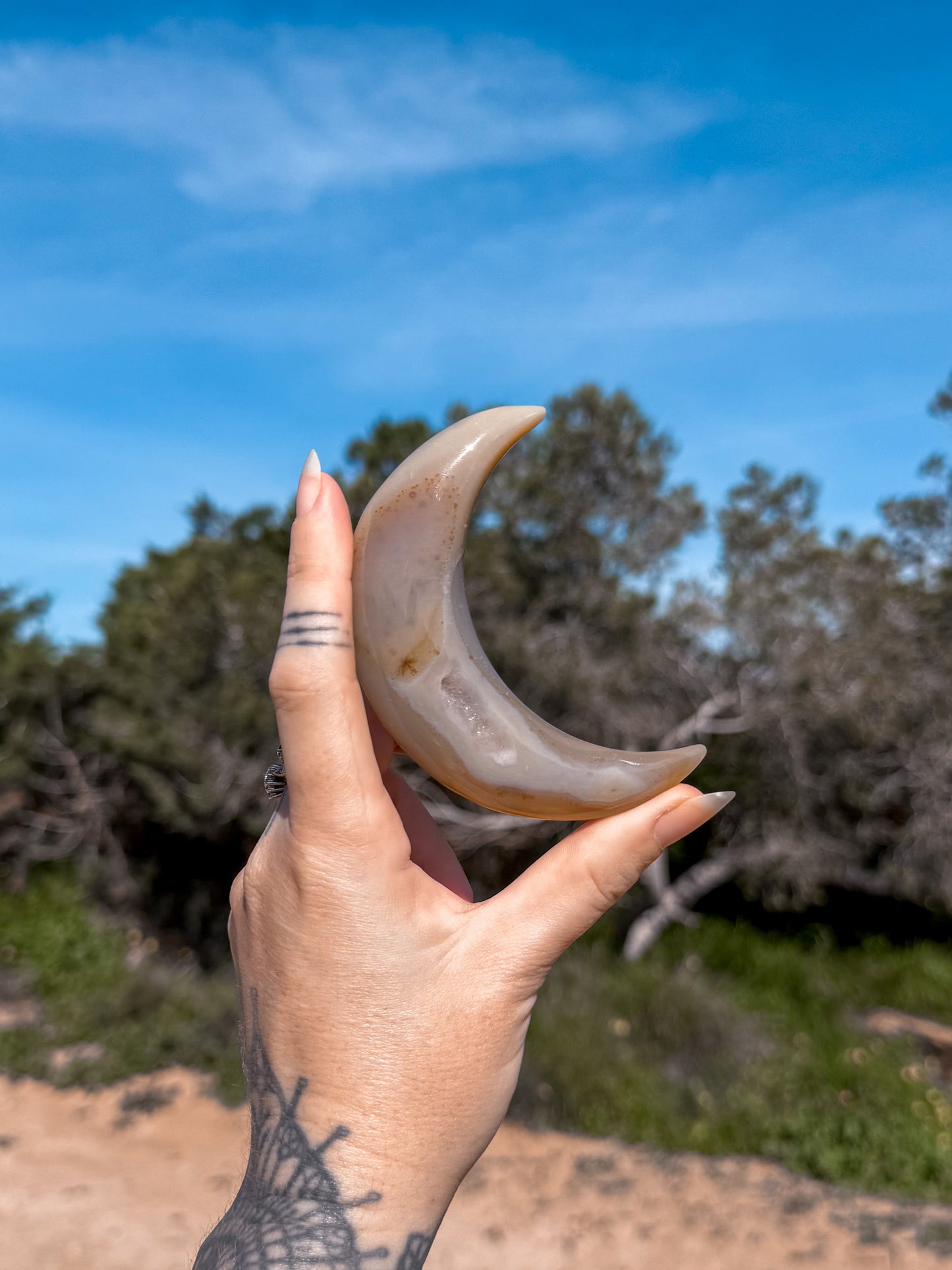 Hand holding a blue and golden agate crescent moon stone against a natural background with trees and blue sky.