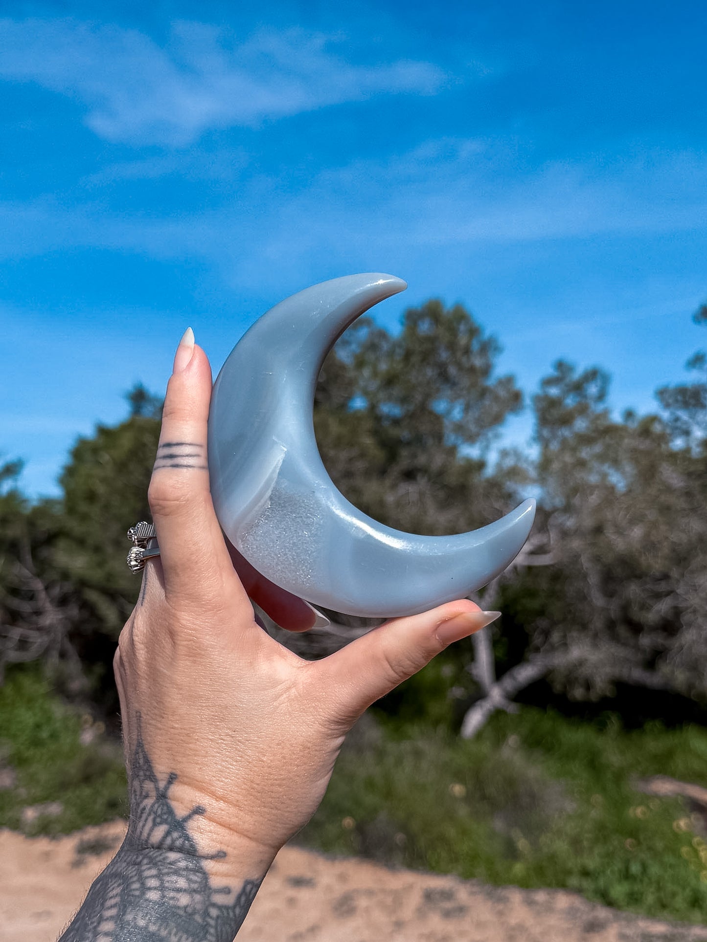 Hand holding a blue agate crescent moon-shaped crystal against a natural background with trees and blue sky.