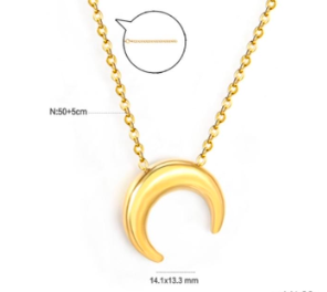 Gold crescent moon necklace on a white background with measurements.