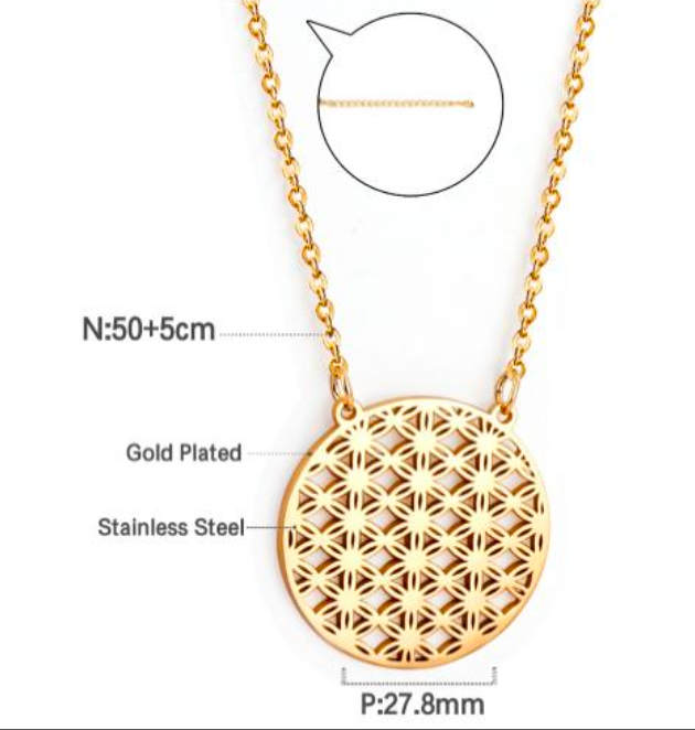 flower of life gold necklace on white back ground and measurements