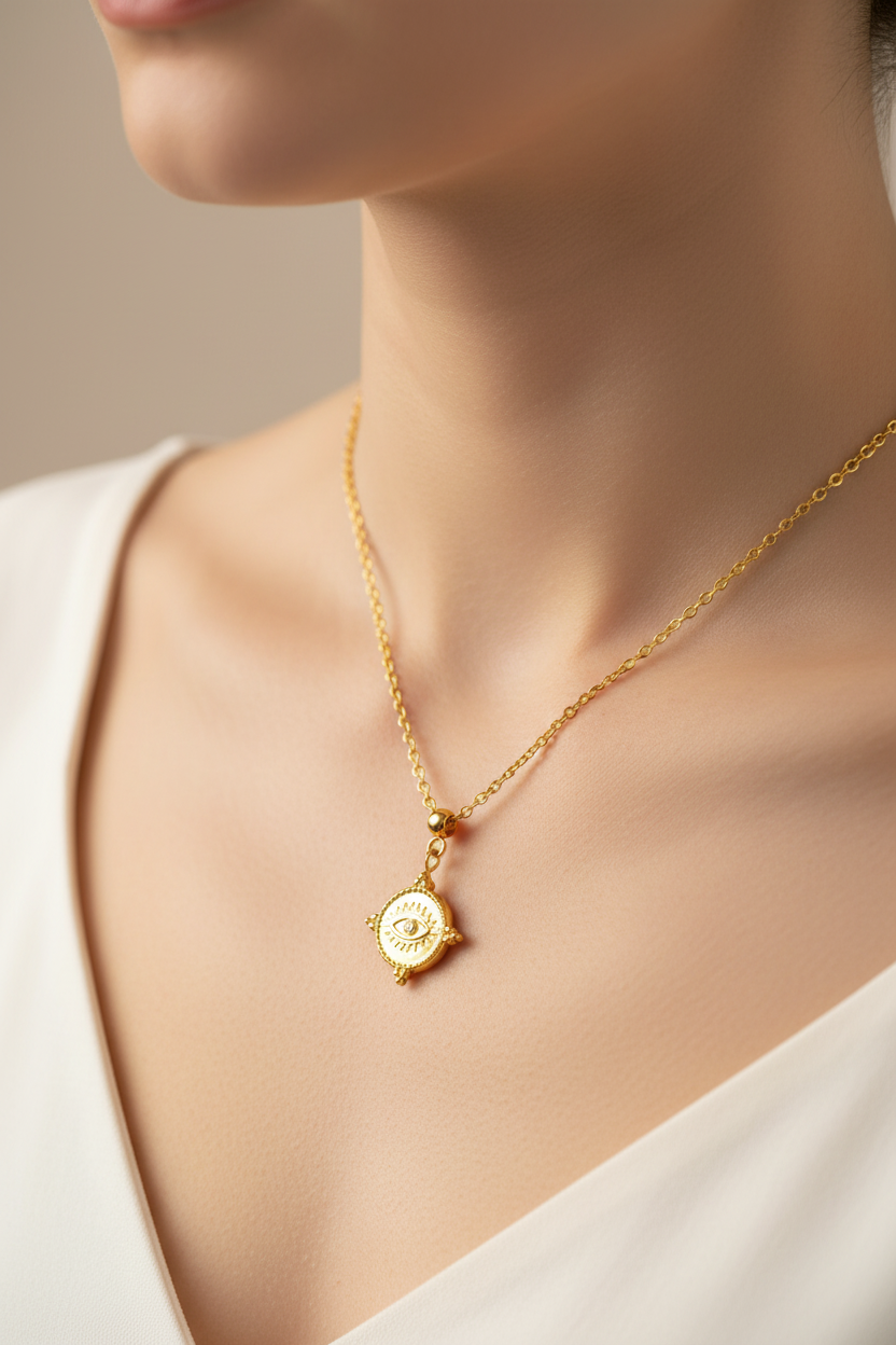 womans neckline wearing the four directions eye necklace in gold with a white tshirt and plain background