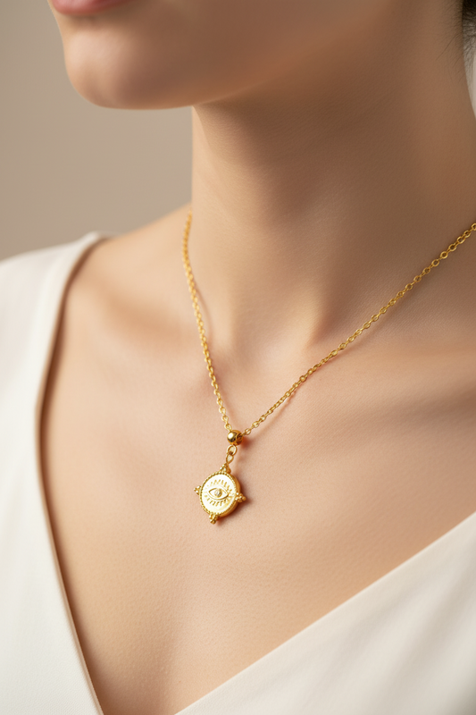 womans neckline wearing the four directions eye necklace in gold with a white tshirt and plain background