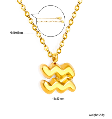 Gold aquarius necklace with a unique pendant on a white background and measurements