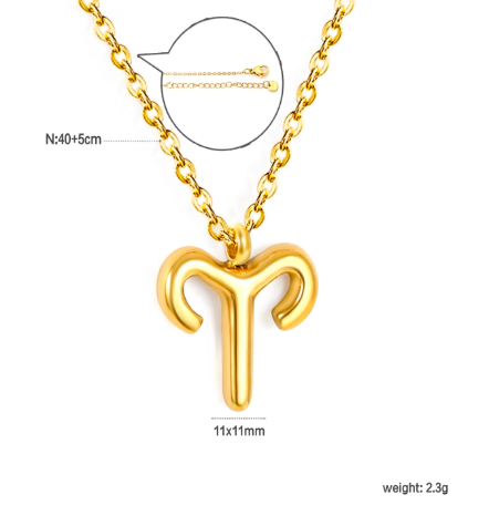 Gold aries necklace with a zodiac pendant, chain, and measurements on a white background