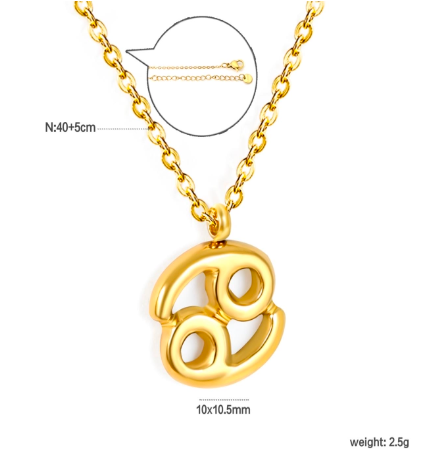 Gold cancer necklace with a unique pendant on a white background and measurements