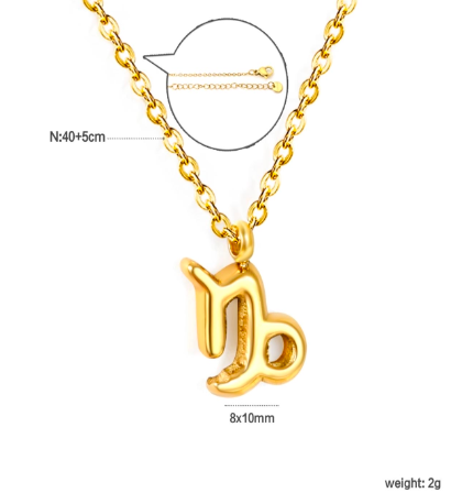 Gold capricorn necklace with a unique pendant on a white background and measurements