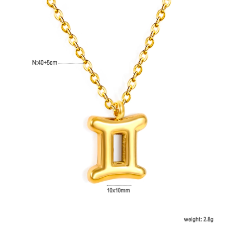 Gold gemini necklace with a unique pendant on a white background and measurements
