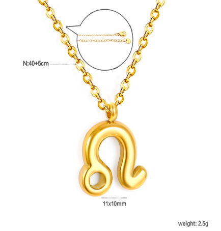 Gold leo necklace with a unique pendant on a white background and measurements