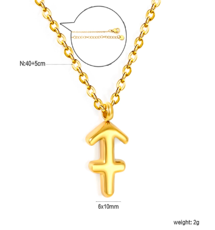 Gold sagittarius necklace with a unique pendant on a white background and measurements