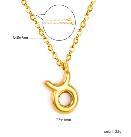 Gold taurus necklace with a circular pendant on a white background and measurements