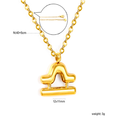 Gold libra necklace with a unique pendant on a white background and measurements