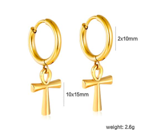 Gold hoop huggie earrings with sacred mini ankh pendants on a white background and specs