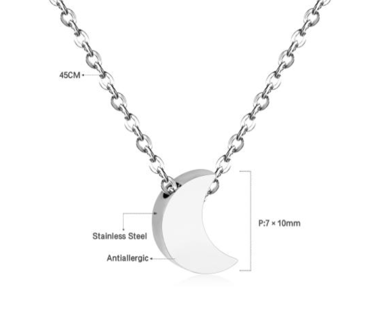 Silver necklace with a crescent moon pendant on a white background with measurements