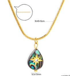 mother of pearl str teardrop nacklace on white background with size specs