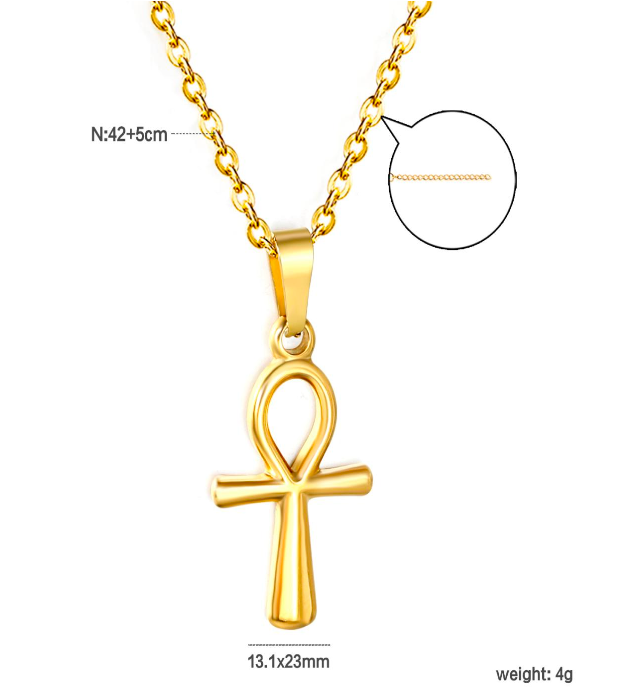 Gold Ankh pendant necklace with chain on a white background with measurements