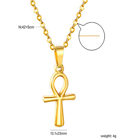 Gold Ankh pendant necklace with chain on a white background with measurements