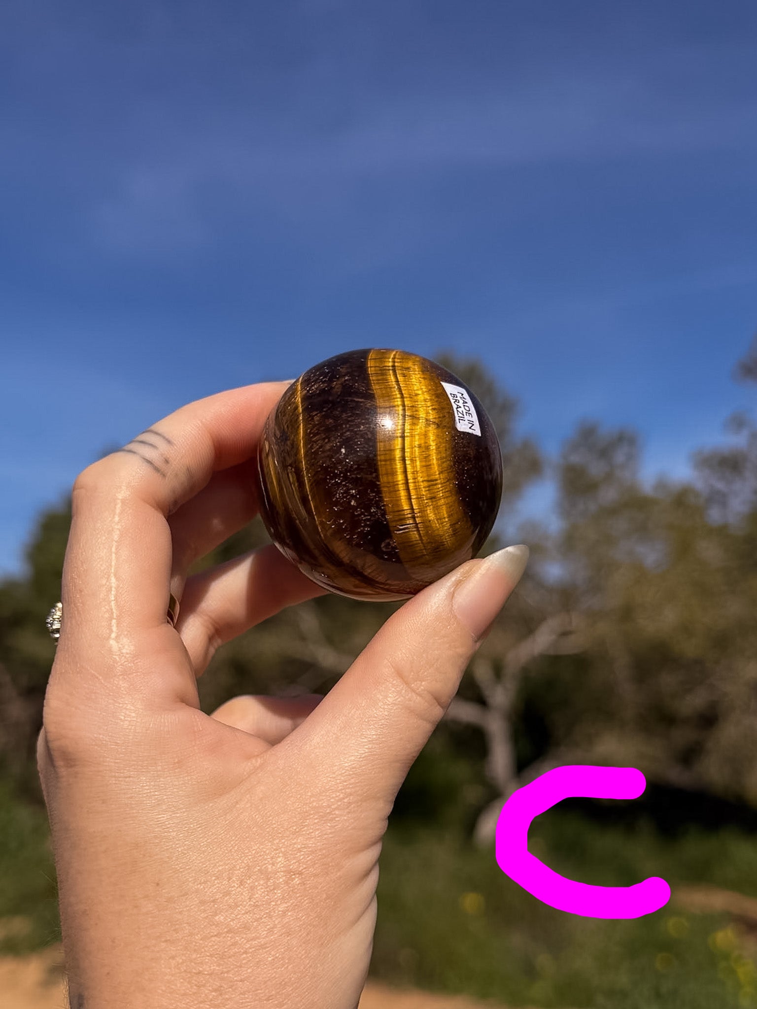 Hand holding a tiger's eye crystal sphere with bright gold banding against a natural outdoor background