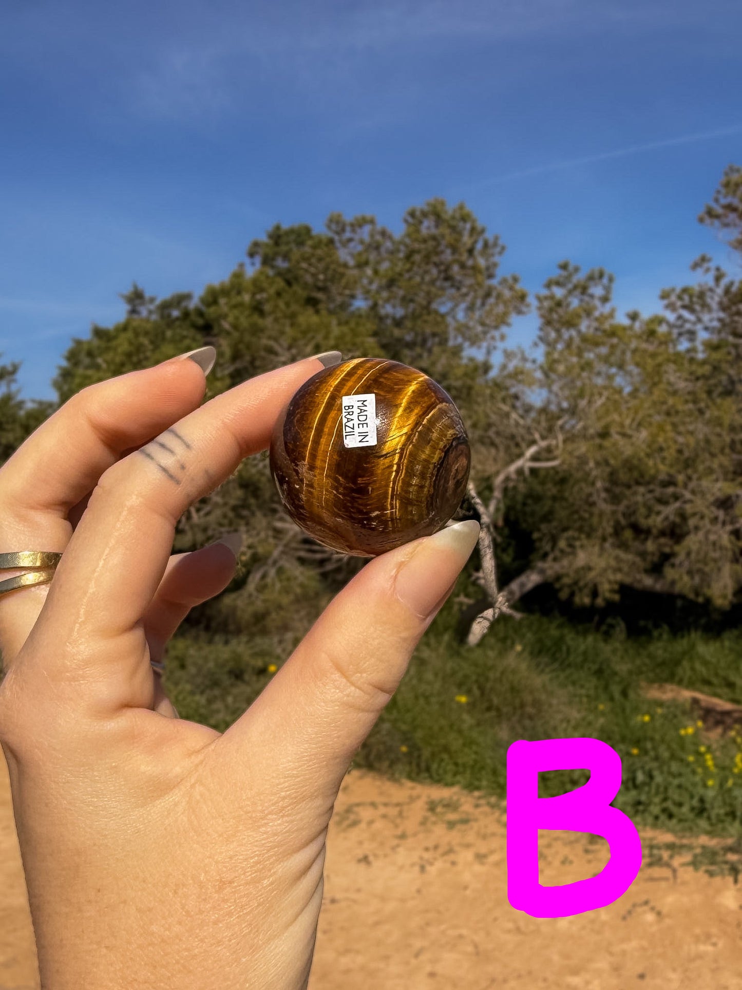 Hand holding a tiger's eye crystal sphere with bright gold banding against a natural outdoor background