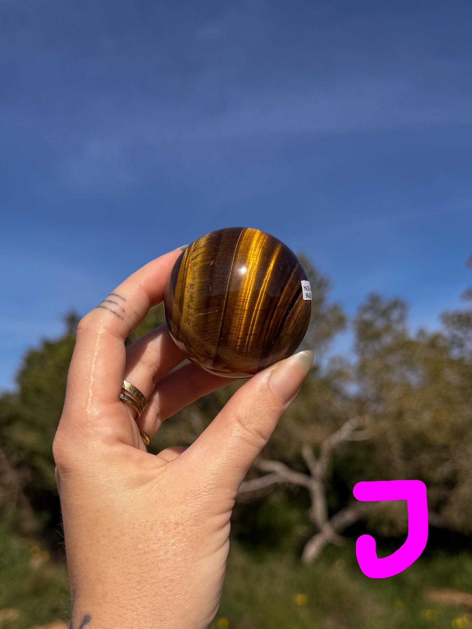 Hand holding a tiger's eye crystal sphere with bright gold banding against a natural outdoor background