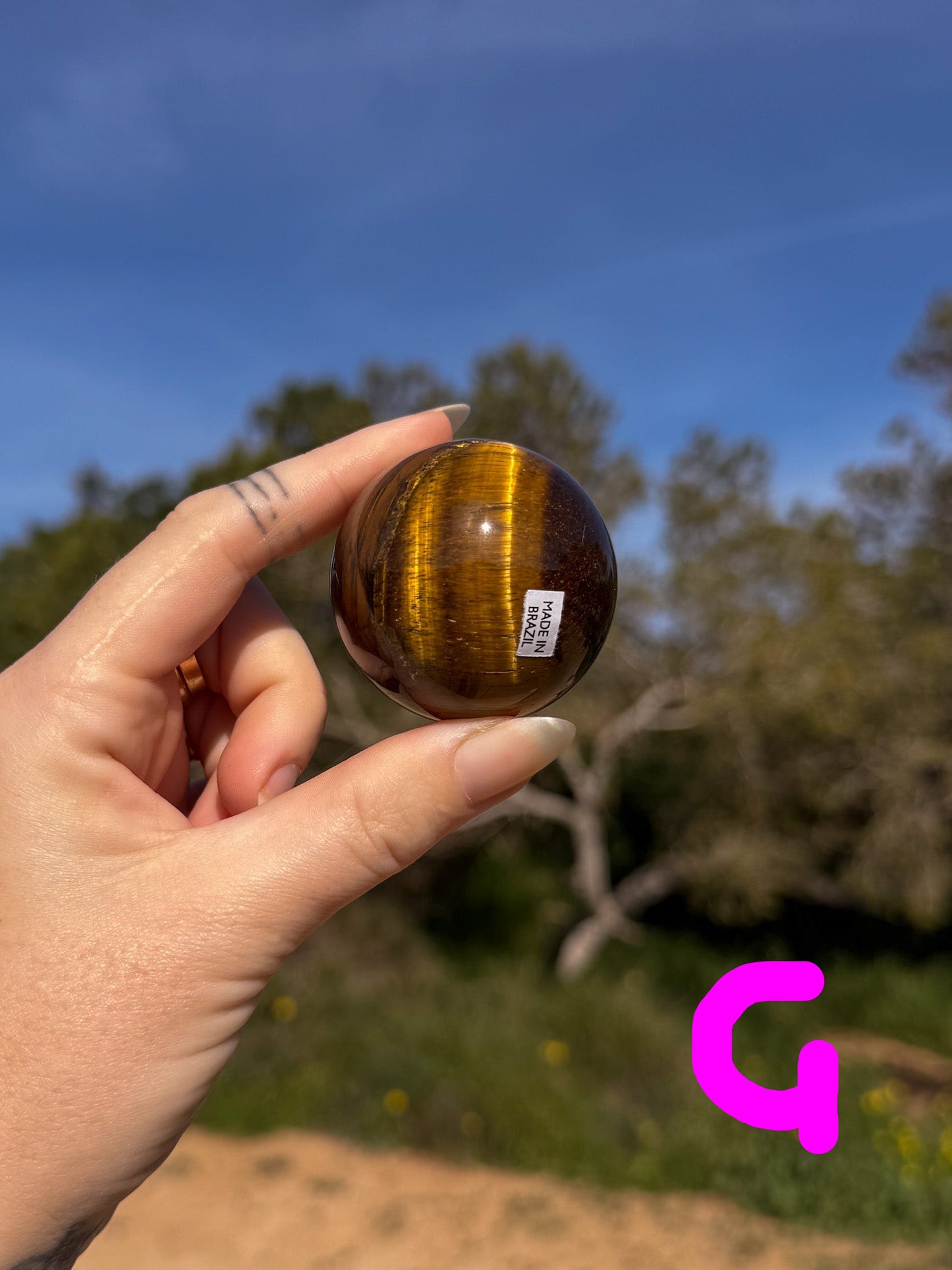 Hand holding a tiger's eye crystal sphere with bright gold banding against a natural outdoor background