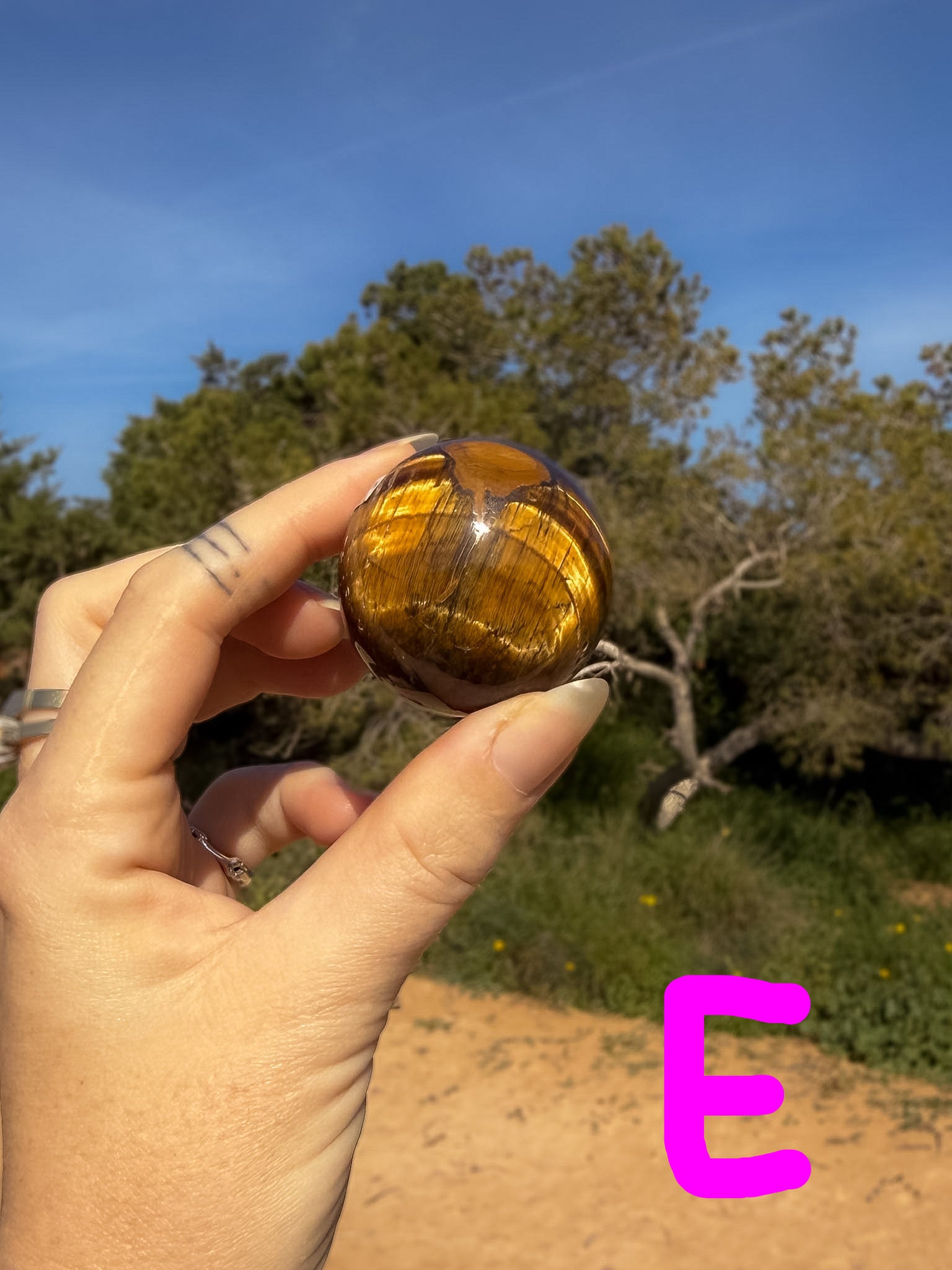 Hand holding a tiger's eye crystal sphere with bright gold banding against a natural outdoor background