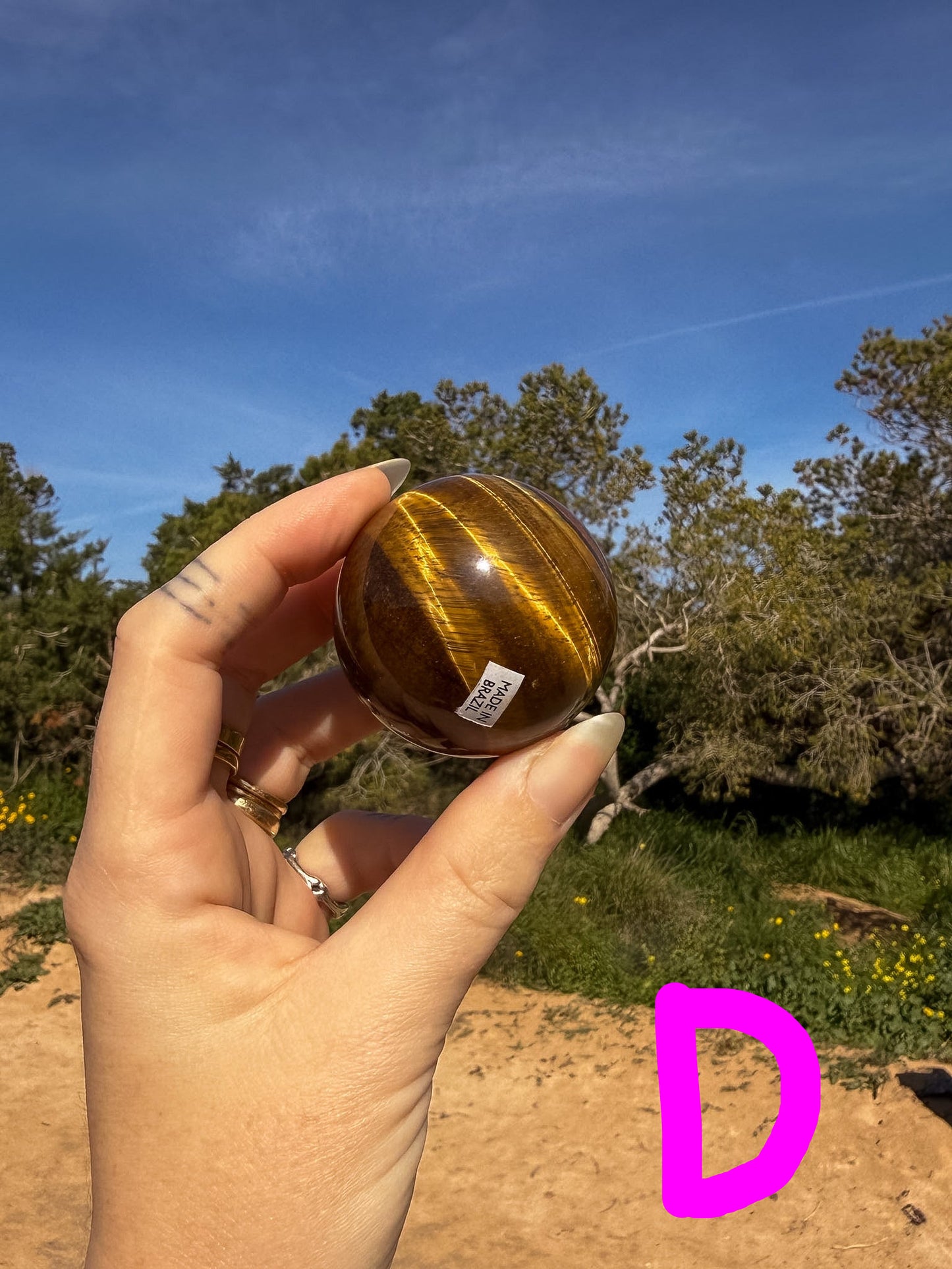 Hand holding a tiger's eye crystal sphere with bright gold banding against a natural outdoor background