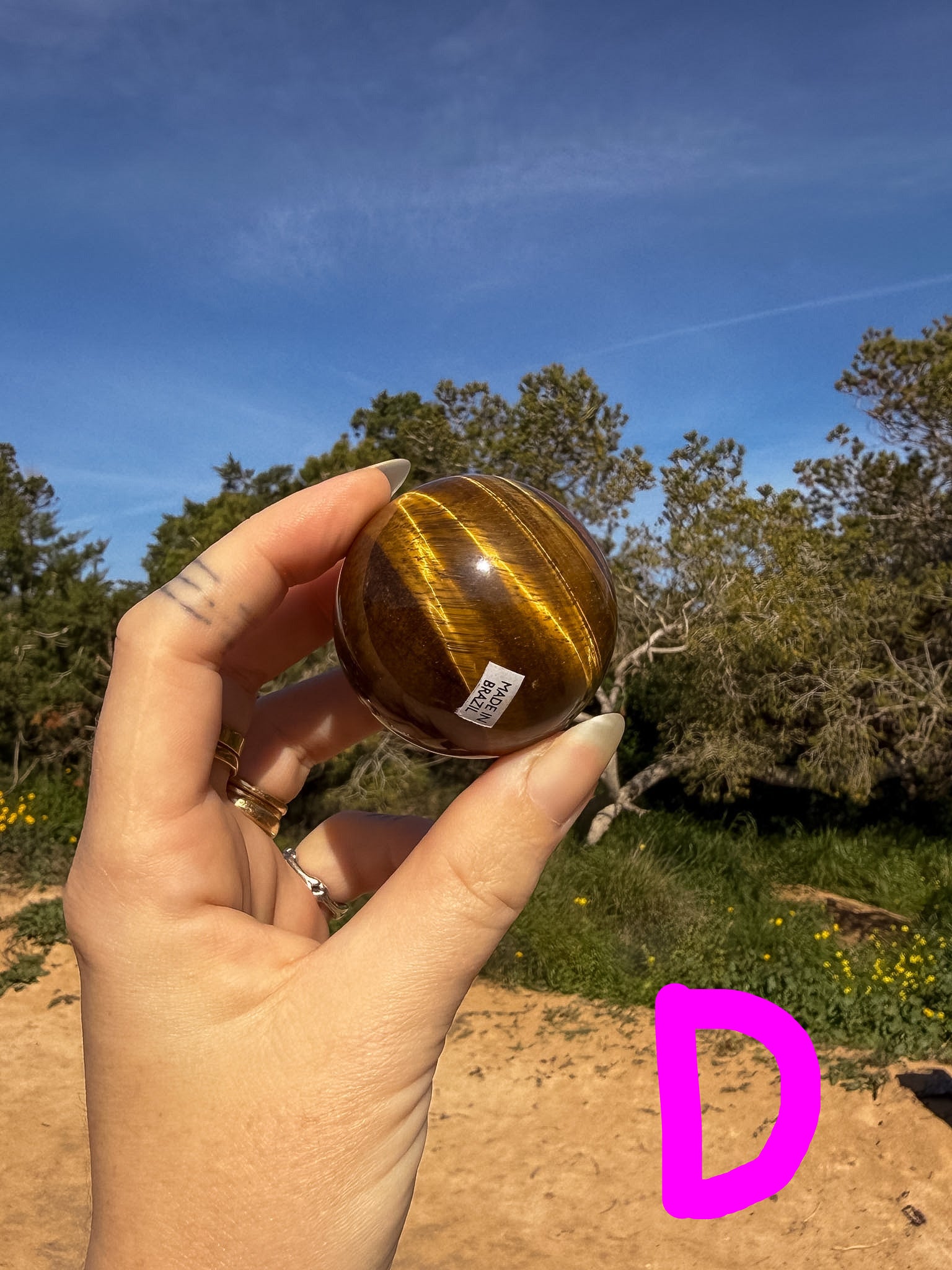 Hand holding a tiger's eye crystal sphere with bright gold banding against a natural outdoor background