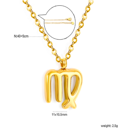 Gold virgo necklace with a unique pendant on a white background and measurements
