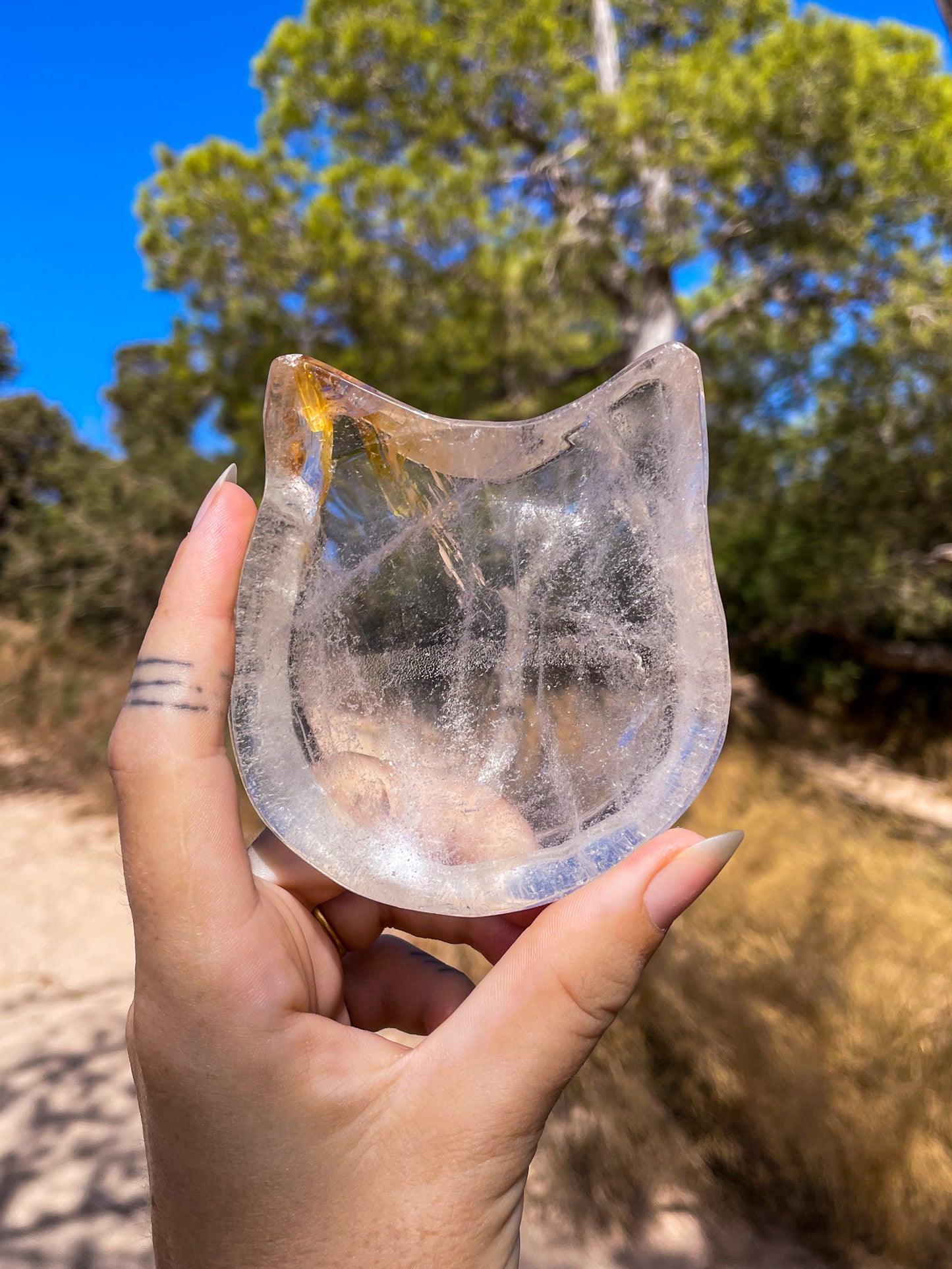 A hand holding one cat-shaped crsytal bowls made from clear quartz, with a background of a natural outdoor setting.