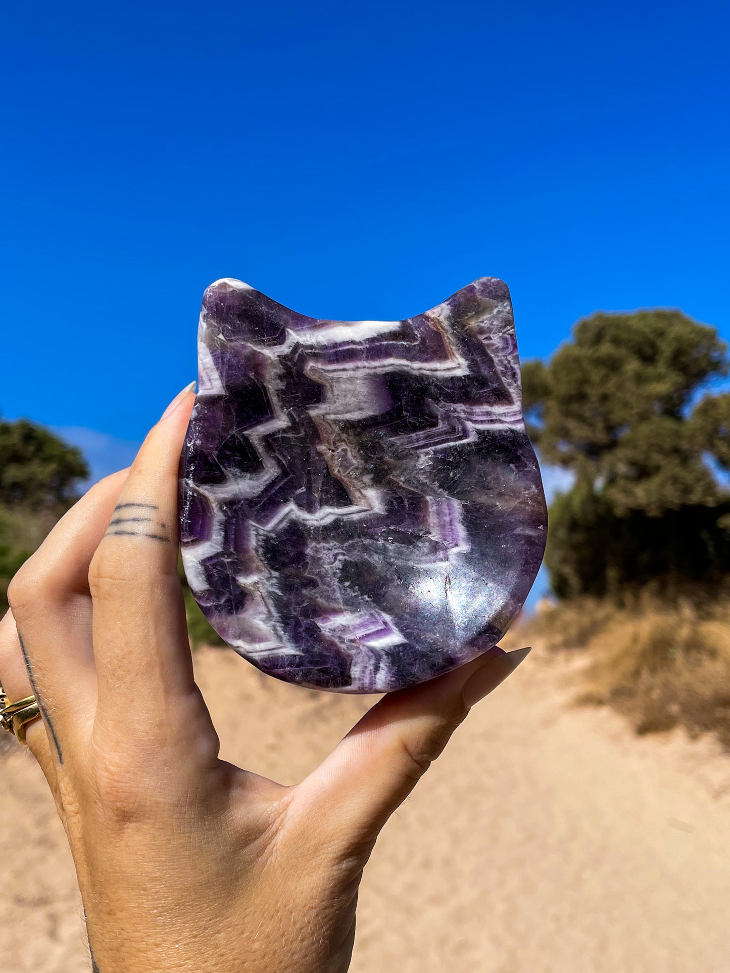 A hand holding one cat-shaped crsytal bowl made from dreamy amethyst, with a background of a natural outdoor setting.