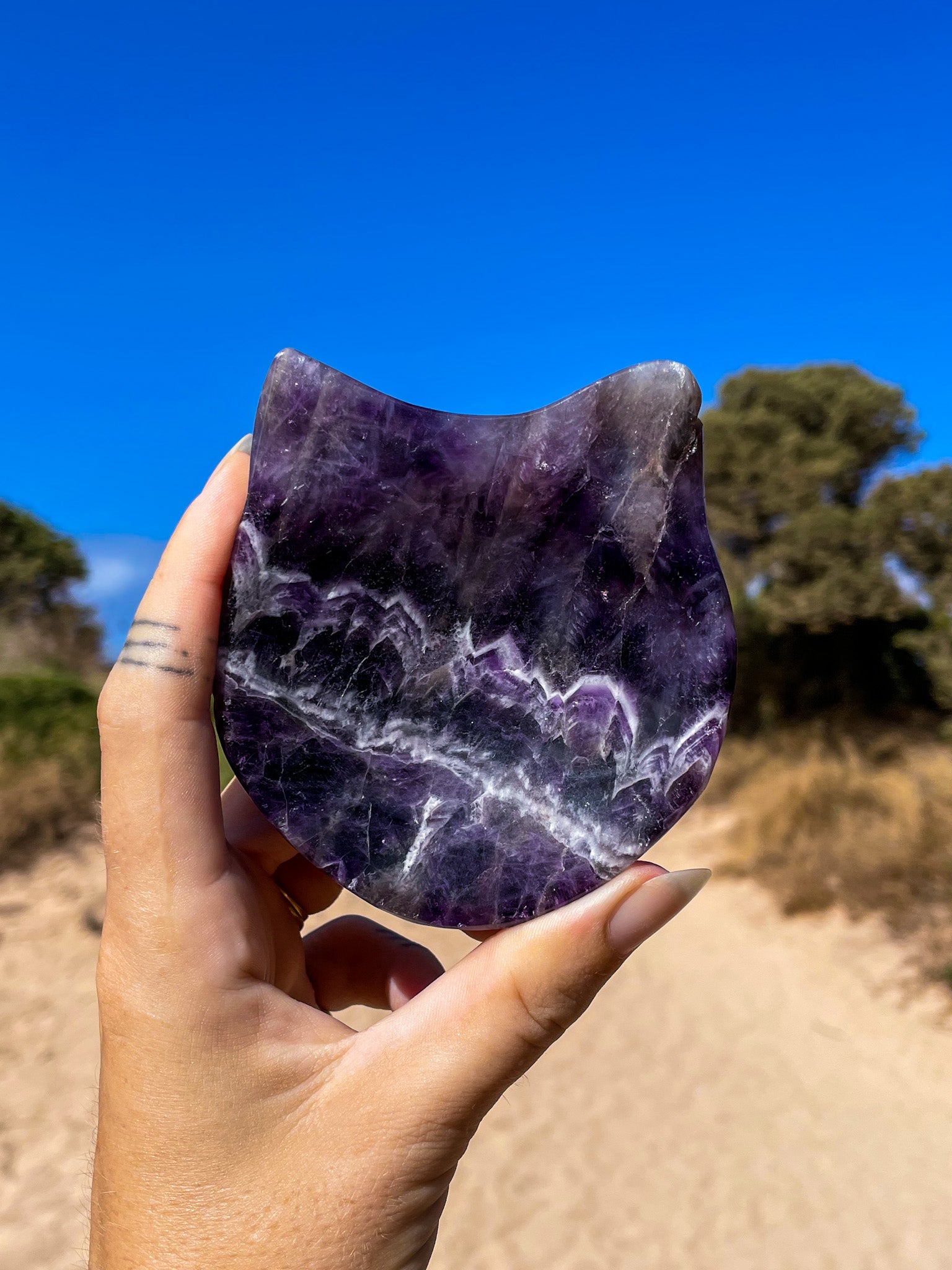 A hand holding one cat-shaped crsytal bowl made from dreamy amethyst, with a background of a natural outdoor setting.