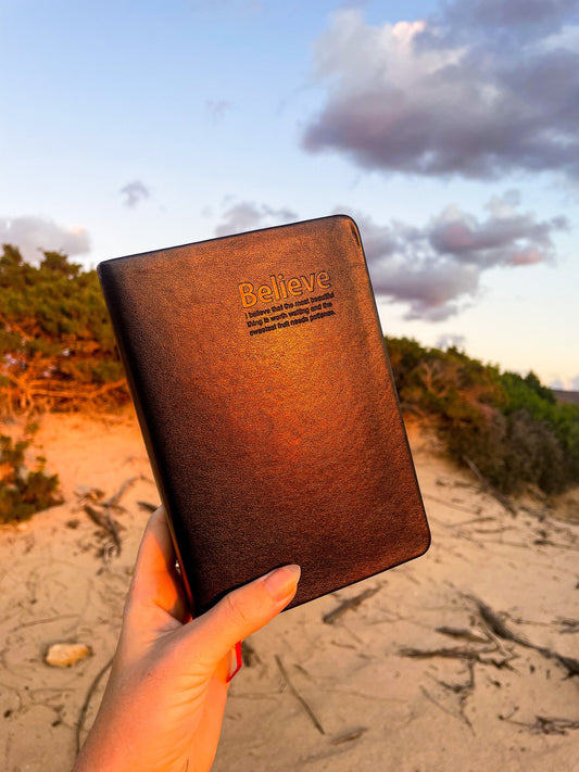 Beleive fux leather, gold bound journal, dream journal, diary, book of shadows